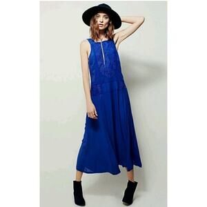 Free People Sz S Maria Royal Blue Midi Maxi Crochet Zipper Full Flow Skirt Dress